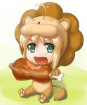  ahoge animal_costume artoria_pendragon_(all) blonde_hair boned_meat chibi cosplay fate/stay_night fate/tiger_colosseum fate_(series) food green_eyes lion lion_costume looking_at_viewer meat mister_donut open_mouth pon_de_lion pon_de_lion_(cosplay) saber saber_lion sitting solo sugar_(sugarless) white_background 