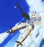  1girl animal_ears blonde_hair blue_eyes cloud eila_ilmatar_juutilainen female flying fox_ears fox_tail full_body gun highres long_hair military military_uniform moon outdoors pantyhose sky solo strike_witches striker_unit tail uniform weapon white_legwear 