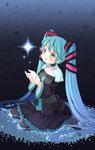  bad_id bad_pixiv_id blue_hair dress green_eyes hatsune_miku kito_(sorahate) kneeling long_hair solo thighhighs twintails vocaloid water 