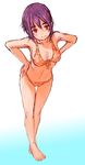  bad_id bad_pixiv_id barefoot bent_over bikini copyright_request feet hair_ornament hairpin hands_on_hips leaning_forward legs navel polka_dot polka_dot_bikini polka_dot_swimsuit purple_hair red_eyes short_hair sketch solo swimsuit uniskie 