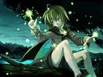  antennae cape finger_gun fireflies forest glowing green_eyes green_hair highres insect_wings long_sleeves morino_hon nature night scenery short_hair shorts socks solo star star_(sky) touhou tree tree_branch wings wriggle_nightbug 