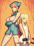  age_difference animal_hood blonde_hair blue_eyes breath_of_fire breath_of_fire_v cat_hood elbow_gloves fumio_(rsqkr) gloves hair_over_one_eye hood lin_(breath_of_fire) multiple_girls nina_(breath_of_fire_v) red_hair short_hair thighhighs 