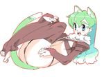  animal_ears bad_id bad_pixiv_id blue_eyes cat_ears copyright_request flat_chest green_hair meisamu oekaki solo tail thighhighs 