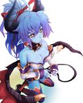  asmodeus_(shinrabanshou) black_sclera blue_hair blue_skin breasts cleavage detached_collar detached_sleeves hair_ribbon holding_own_tail horns large_breasts long_hair pointy_ears ponytail ribbon shinrabanshou solo tail thighhighs wings yellow_eyes yude 