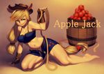  animal_ears apple applejack bare_legs bare_shoulders barefoot barrel blonde_hair bucket character_name cowboy_hat fingerless_gloves fingernails food freckles fruit full_body gloves green_eyes hat inuki_(aruurara) legs long_hair low-tied_long_hair midriff muscle my_little_pony my_little_pony_friendship_is_magic navel object_namesake open_clothes parted_lips personification rope smile solo tail unbuckled_belt unbuttoned 