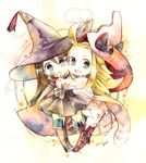  2girls :d :o agnes_oblige ahoge blonde_hair boots bravely_default:_flying_fairy bravely_default_(series) brown_hair cat chibi dated dress edea_lee elbow_gloves gloves green_eyes gumi_(nyahan) hat hug knee_boots long_hair multiple_girls open_mouth signature smile star traditional_media watercolor_(medium) witch_hat 