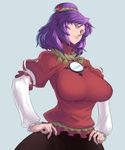  bad_id bad_pixiv_id breasts hands_on_hips highres large_breasts long_hair looking_back mirror purple_hair red_eyes rope simple_background solo space_jin touhou yasaka_kanako 