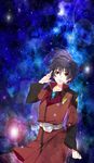  black_hair gundam gundam_seed gundam_seed_destiny highres male_focus military military_uniform red_eyes shinn_asuka solo space takumi_(scya) uniform 