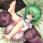  adworse antennae barefoot bloomers blush cape green_eyes green_hair legs_up lying no_shoes on_back on_bed open_mouth pants pants_removed short_hair solo touhou underwear wriggle_nightbug 
