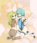  2boys ass blue_hair blush boots brown_eyes crossdressing frown gloves green_eyes green_hair hair_over_one_eye hand_holding hand_on_hip hand_on_shoulder high_heels hips inazuma_eleven inazuma_eleven_(series) kazemaru_ichirouta kneeling long_hair looking_at_viewer looking_back male male_focus midorikawa_ryuuji multiple_boys shoes shorts sm156 swimsuit thighhighs trap 
