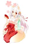  animal_ears bell blush bottle cherry_blossoms cup fang fox_ears fox_tail hair_ornament highres japanese_clothes long_hair miko open_mouth original red_eyes saeki_touma sakazuki sake_bottle shirt silver_hair sitting skirt smile solo tail very_long_hair wariza 