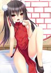  :o baozi china_dress chinese_clothes double_bun dress eating fang flat_chest food highres leg_up legs no_panties nyarumi open_mouth original red_eyes shoes sitting solo twintails 