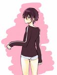  1boy asada_tarou ass blush bulge from_behind kirito long_sleeves looking_back male male_focus off_shoulder panties purple_eyes purple_hair sakiyo_cake short_hair sleeves_past_wrists solo standing striped striped_panties sweat sword_art_online underwear 