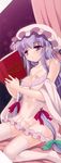  bare_shoulders book bow breasts hair_bow hanao_(kuma-tan_flash!) hat highres lingerie long_hair medium_breasts negligee nipples non-web_source patchouli_knowledge purple_eyes purple_hair purple_legwear pussy reading scan see-through sidelocks sitting solo thighhighs touhou uncensored underwear underwear_only very_long_hair 