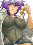  1girl artist_request breasts coat dango fishnet_top fishnets food large_breasts mitarashi_anko mitarashi_dango naruto purple_eyes purple_hair solo wagashi 