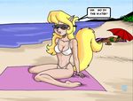  beach bikini blonde_hair callie_briggs cat clothed clothing english_text eyewear feline female grouchom hair long_hair mammal sea seaside skimpy sunglasses swat_kats swimsuit text tight_clothing towel water 