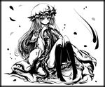  acryl bow crescent frills greyscale hair_bow hat highres long_hair monochrome patchouli_knowledge sitting solo touhou 