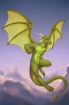  cloud dragon flying green_body green_dragon hairless horn lockworkorange male muscles nude pose projectblue02 sky solo spade_tail spread_wings wings yellow_eyes 
