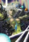  aurora breasts broken commentary crack giantess hallucination kaburagi_yasutaka lips medium_breasts messy_hair navel nipples open_mouth original outstretched_arms planet realistic science_fiction short_hair silver_hair space spread_arms star_(sky) suicide white_hair yellow_eyes 