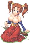  bare_shoulders breasts brown_hair cleavage dragon_quest dragon_quest_viii earrings jessica_albert jewelry large_breasts long_hair looking_at_viewer low_neckline nagase_haruhito purple_eyes purple_shirt shirt sitting smile solo twintails wariza 