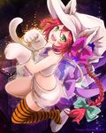  :d animal_ears blush bow braid cat_ears cat_paws cat_tail ears_through_headwear green_eyes hair_bow hat long_hair looking_at_viewer majoca_majoluna open_mouth paws red_hair rie_(ooorie) single_braid single_thighhigh smile solo striped striped_legwear tail thighhighs watermark witch_hat 