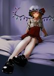  adapted_costume bad_id bad_pixiv_id blonde_hair blush bow flandre_scarlet hat hat_ribbon kirieppa loafers on_bed pantyhose red_eyes ribbon shoes short_hair side_ponytail sitting skirt skirt_set smile solo touhou white_legwear wings wrist_cuffs 