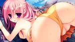  ass bent_over breasts censored cum cum_on_hair day facial from_behind game_cg hanging_breasts highres kanadome_miyako looking_at_viewer medium_breasts mosaic_censoring nanaka_mai nipples outdoors pink_eyes pink_hair pure_girl pussy pussy_juice rock solo standing swimsuit swimsuit_aside swimsuit_pull thighs yellow_swimsuit 