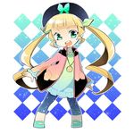  :d aqua_background argyle argyle_background bad_id bad_pixiv_id beret black_hat blonde_hair blue_background capri_pants elle_mel_martha full_body gradient gradient_background green_eyes green_shirt hat jacket jewelry long_hair necklace no_nose open_mouth pants sgawarananto shirt shoes smile solo spandex tales_of_(series) tales_of_xillia tales_of_xillia_2 twintails 
