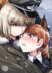  alexandra_serbanescu animal_ears blush braid brown_eyes brown_hair hat huberta_von_bonin light_brown_hair military military_hat military_jacket military_uniform multiple_girls necktie scar shared_clothes shared_coat short_hair single_braid smile uniform vt world_witches_series yuri 