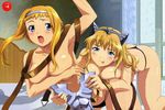  2girls absurdres animal_ears armor ass blonde_hair blue_eyes blush breasts cat_ears earrings elina highres incest jewelry large_breasts leina long_hair multiple_girls official_art open_mouth panties queen's_blade queens_bladefix_me siblings sisters smile thong tongue underwear undressing yuri 
