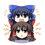  alternate_color blue_eyes blue_hair bow brown_eyes brown_hair chigaunsuyo hair_bow hair_tubes hakurei_reimu mochizuki_ado multiple_girls open_mouth player_2 prehensile_hair short_hair smile touhou yukkuri_shiteitte_ne 