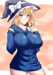  alternate_costume blonde_hair blush bottomless breasts commentary_request hat jude_(minority_lilac) kirisame_marisa large_breasts naked_sweater no_pants ribbed_sweater smile solo sweater touhou witch_hat yellow_eyes 