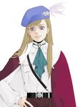  blonde_hair blue_eyes feathers gundam gundam_wing hand_on_hip hat long_hair looking_at_viewer relena_peacecraft solo uniform white_background 