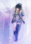  absurdres bed detached_sleeves end_(wzjwll) hair_rings hair_tubes highres looking_up luo_tianyi mismatched_legwear mosquito_net pillow solo vocaloid vocanese 