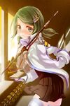  artist_request bangs blush crying crying_with_eyes_open fingerless_gloves gloves green_eyes green_hair hair_ornament hairpin holding jacket lowres open_mouth parted_bangs pleated_skirt rotori short_hair skirt solo striped striped_legwear sunset sword sword_girls tears thighhighs weapon 