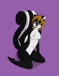  black_fur breasts brown_hair female fur hair kneeling mammal nipples nude plain_background skunk solo ziggie13 