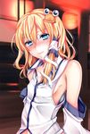  bare_shoulders blonde_hair blue_eyes blush cosplay detached_sleeves hair_ornament hair_tubes hoozuki_shia kochiya_sanae kochiya_sanae_(cosplay) long_hair looking_at_viewer moriya_suwako navel no_bra pyonta snake solo touhou 