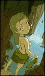  1girl :o anger_vein antenna_hair barefoot bird breasts covering covering_breasts elf feet felarya from_above giantess green_eyes green_hair highres karbo long_hair looking_at_viewer medium_breasts pointy_ears sideboob solo tarynn_(felarya) topless undressing water waterfall 