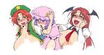  absurdres breasts breasts_apart gigantic_breasts green_eyes head_wings highres hong_meiling huge_breasts koakuma long_hair long_sleeves mitsugi multiple_girls open_mouth patchouli_knowledge purple_eyes purple_hair red_eyes red_hair sagging_breasts touhou 