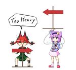  animal_ears blush braid cat_ears closed_eyes english extra_ears failure hairband hand_on_hip heart kaenbyou_rin komeiji_satori komeiji_satori_no_jousou_kyouiku lift multiple_girls purple_eyes purple_hair red_hair slippers third_eye touhou twin_braids urushi white_background you're_doing_it_wrong 