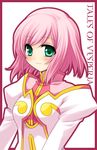  blush coat copyright_name estellise_sidos_heurassein green_eyes miyu_(matsunohara) pink_hair short_hair smile solo tales_of_(series) tales_of_vesperia white_background 