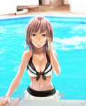  adjusting_hair akitama bad_id bad_pixiv_id bikini bikini_skirt breasts brown_hair cleavage large_breasts looking_back navel original pool short_hair smile solo swimsuit water 