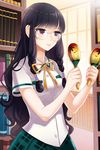  bangs black_hair blunt_bangs book bookshelf bow braid dress_shirt frown glasses holding instrument long_hair lowres maracas plaid plaid_skirt pleated_skirt purple_eyes ribbon school_uniform serie shirt short_sleeves skirt solo sword_girls very_long_hair wavy_hair 