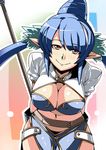  blue_hair breasts cleavage highres judith large_breasts leaning_forward midriff pointy_ears red_eyes smile solo tales_of_(series) tales_of_vesperia tsuki_wani 