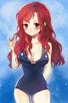  arm_behind_back arm_up artist_request blush breasts cleavage collarbone glasses large_breasts long_hair lowres one-piece_swimsuit red_eyes red_hair solo swimsuit sword_girls vernika_answer wavy_hair 
