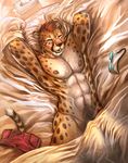  abs anthro biceps blue_eyes brown_fur brown_hair bulge cat cheetah cheetahpaws clothing eyewear feline fur goggles hair looking_at_viewer lying male mammal muscles nipples nude on_back open_mouth pecs pubes raised_arm shorts solo tenting toned 