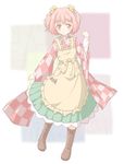  apron bell boots bow character_name checkered checkered_shirt clothes_writing cross-laced_footwear hair_bell hair_ornament jingle_bell lace-up_boots long_sleeves looking_at_viewer motoori_kosuzu red_eyes red_hair shino_megumi shirt short_hair smile solo touhou two_side_up wide_sleeves 