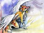  angel arrow canine courching crouching fox looking_at_viewer male mammal skulldog solo traditional_media watercolor wings 