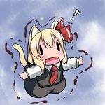  1girl animal_ears blonde_hair cat_ears cat_tail chibi dress_shirt hair_ribbon hoshizuki_(seigetsu) necktie open_mouth outstretched_arms purumia red_neckwear ribbon rumia shirt short_hair skirt skirt_set solo tail touhou trembling |_| 