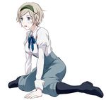  arm_support axis_powers_hetalia blonde_hair blouse blue_eyes boots capri_pants green_hairband hair_ornament hairband hairclip kneeling neck_ribbon open_mouth pants puffy_pants puffy_sleeves ribbon short_hair simple_background sitting solo suspenders tears thigh_boots thighhighs ukraine_(hetalia) urahara wariza white_background x_hair_ornament 